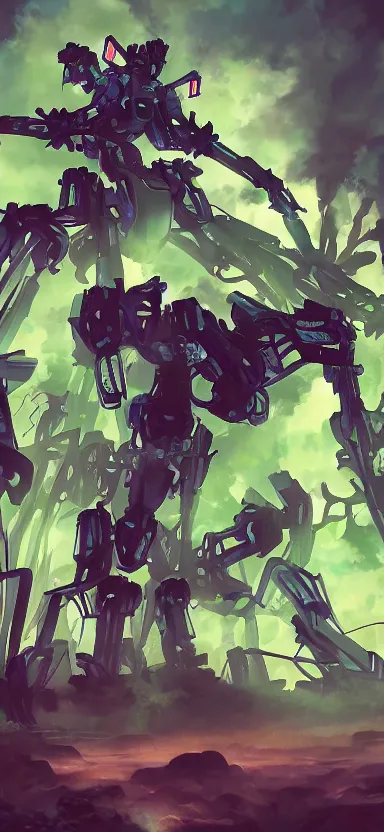 Prompt: giant humanoid plant mecha, forest, key art, sharp lines, towering above a small person, aesthetic, anime, trigger, shigeto koyama, hiroyuki imaishi