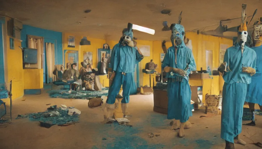 Image similar to 60s movie still of a tribe with taxidermic bloody mask in an empty yellow tiles ballroom with light blue beds, cinestill 800t 35mm technicolor, heavy grain, high quality, higly detailed, liminal space style