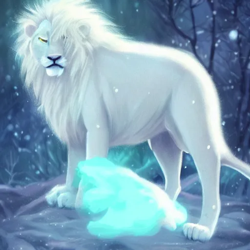 Image similar to aesthetic portrait commission of a albino male furry anthro lion wearing a cute mint colored cozy soft pastel winter outfit, winter atmosphere character design by charlie bowater, ross tran, artgerm, and makoto shinkai. art from furaffinity, weasyl, deviant art, inkbunny
