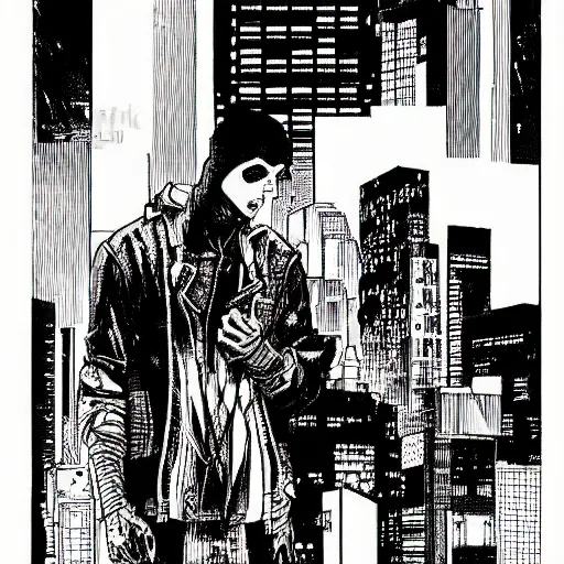 Image similar to cyberpunk hacker pen and ink illustration by tatsuki fujimoto manga panel