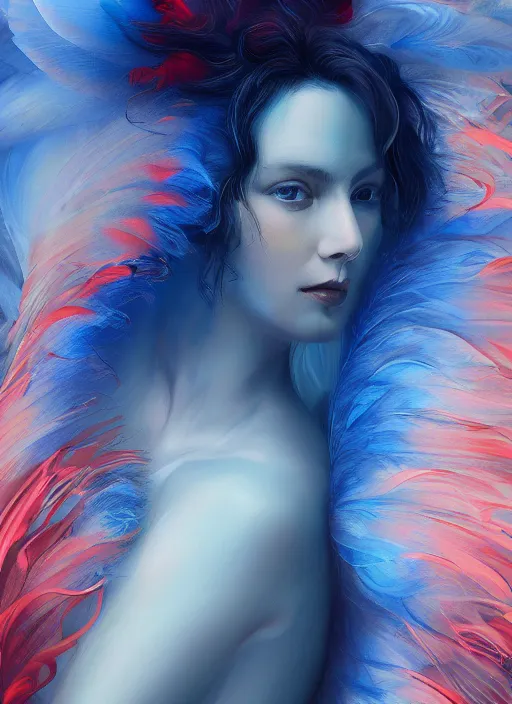 Image similar to a painting of a woman who made of curly and transparent feathers and cloud with red edges is holding a sword, a digital painting by charlie bowater, made of many translucent layers of blue feathers and cloud, metaphysical painting, speedpainting, digital painting, holographic undertones, highly saturated colors, 4 k, digital art, concept art, trending on artstation