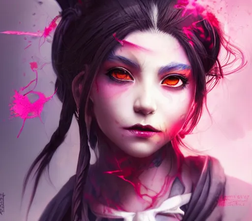 Image similar to a Demon Slayer FAN art portrait of grown up Mitsuri Kanroji ,by Stanely Artgerm,Tom Bagshaw,arthur adams,Carne Griffiths,trending on DeviantArt,street art,face enhance,chillwave,maximalist,full of color,glittering