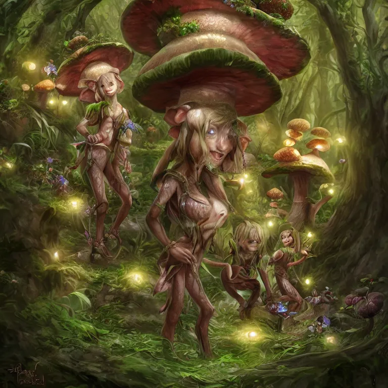 Prompt: Close up hyper detailed fantasy mushroom elf elves in the forest digital art, 4k, artstation deviantart concept art studio lighting