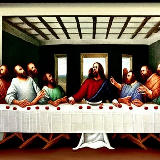 Image similar to nic cage in the last supper as painted by george w bush