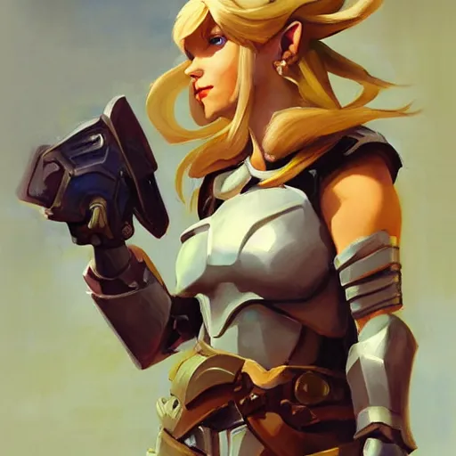 Image similar to greg manchess portrait painting of armored female link from legend of zelda as overwatch character, medium shot, asymmetrical, profile picture, organic painting, sunny day, matte painting, bold shapes, hard edges, street art, trending on artstation, by huang guangjian and gil elvgren and sachin teng