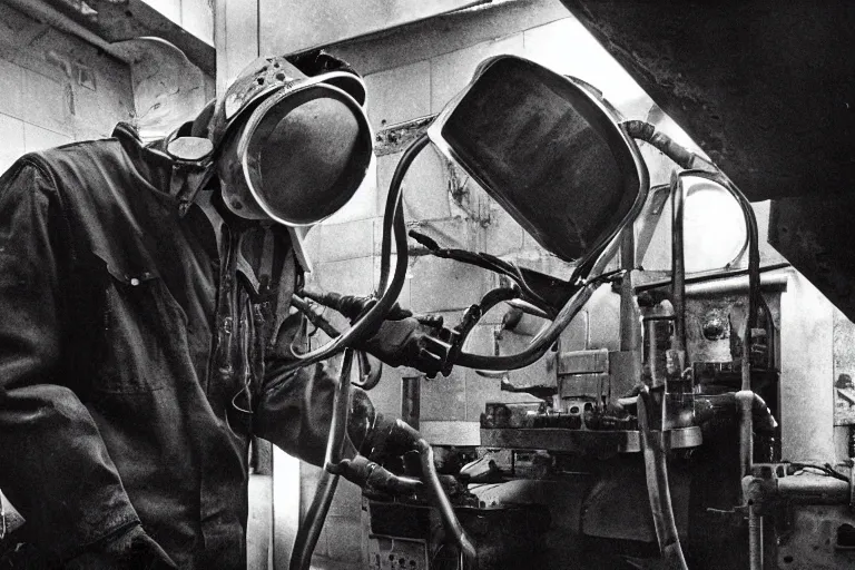 Image similar to close-up of Welder in welding mask in a subway, by Richard Avedon, tri-x pan stock