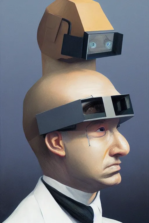 Image similar to Satoshi Nakamoto wearing oculus and bitcoin over his head Edward Hopper and James Gilleard, Zdzislaw Beksisnski, highly detailed