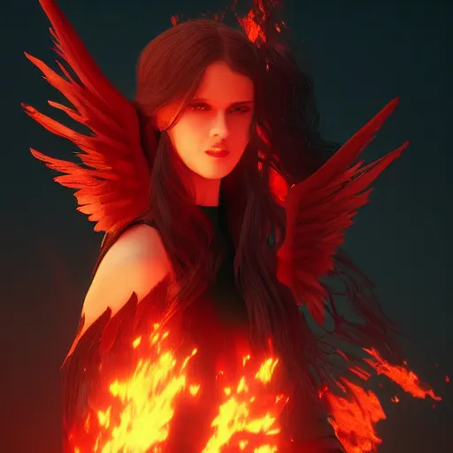 Prompt: young vampire princess with burning wings 4 k high definition gorgeous dramatic lighting artstation trending path traced contrast light and dark cinematic breathtaking by christensen, james c.