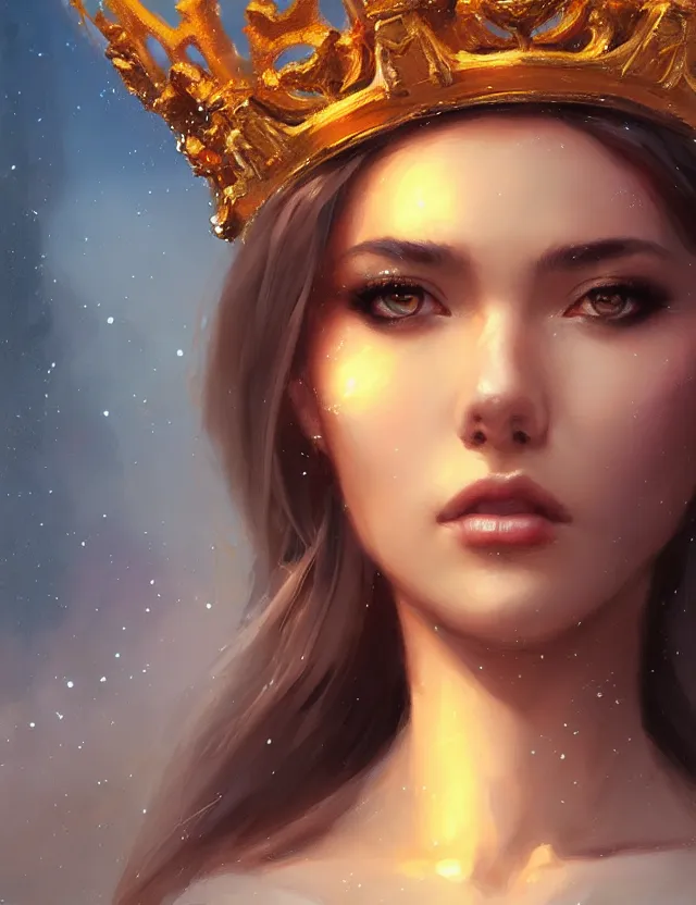 Prompt: blurred background. close-up portrait of a goddess in crown, by Artgerm and greg rutkowski