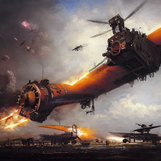 Image similar to huge steampunk aircraft in battle, sky, explosions, jakub rozalski