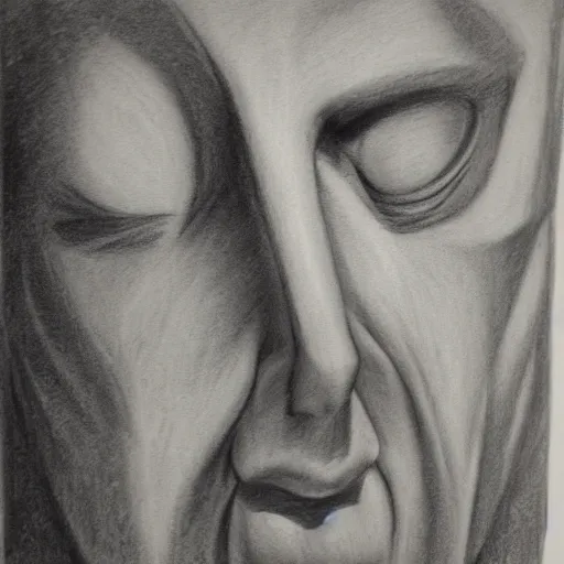 Image similar to charcoal drawing of a man with a strange face. precisionism, charcoal drawing, surrealist, genderless