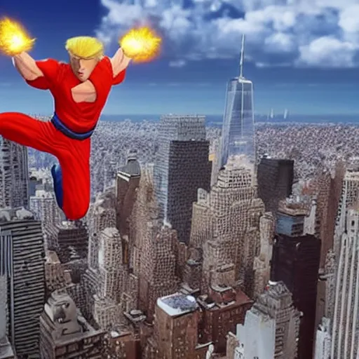 Image similar to photo realistic super sayan trump flying in the sky and prepare a kamehameha above new york city. high details, intricate, unreal engine 5.