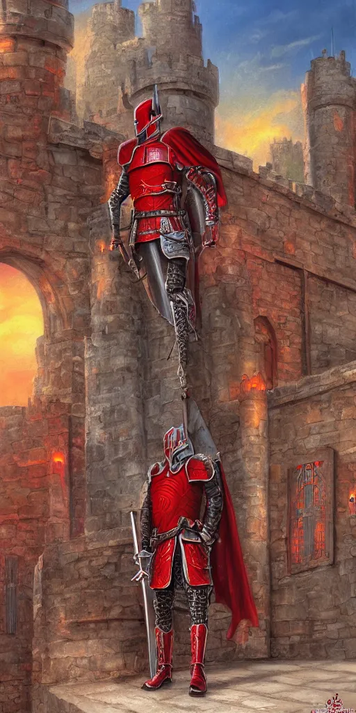 Prompt: The Red Knight stands guard over the castle's gate, fantasy, artstation, highly detailed, 4k, digital painting, portrait by Larry Elmore