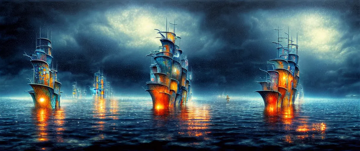 Image similar to cruising ship sailing at miniature megalopolis future, raining night at flooded miniature city, godrays, god helping mystic soul by yoshitaka amano, and artgerm, gediminas pranckevicius