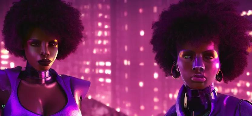 Prompt: portrait of a beautiful black woman with afro hair and glowing purple eyes, cyberpunk rio de janeiro background, digital art, trending on artstation, global illumination, backlit, purple and blue