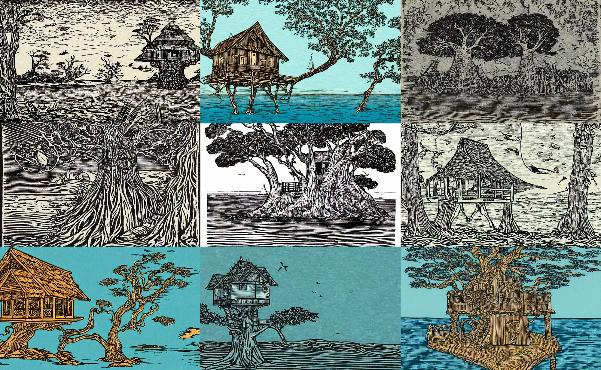 Prompt: woodcut style of a mystical island treehouse on the ocean