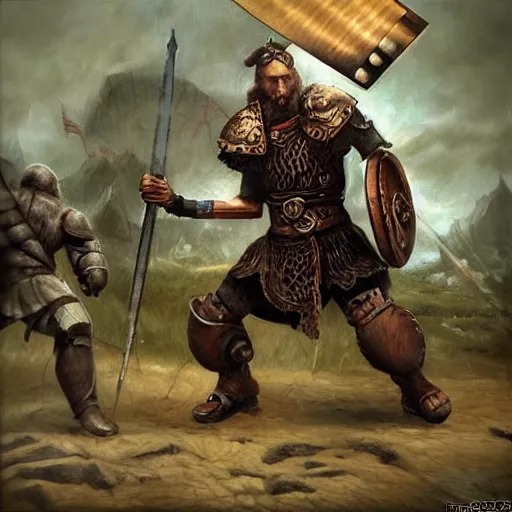 Prompt: “ one viking male is fighting against a robot, high detailed painting ”