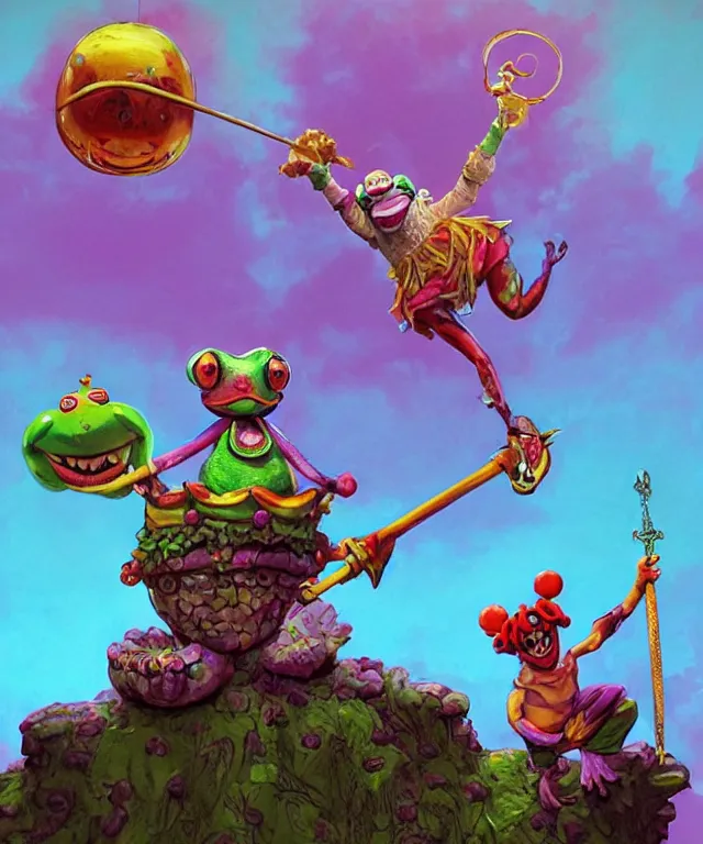 Image similar to clown frog king pulls the sword from the stone, clown frog king wearing clown makeup and rainbow wig, clown crown artwork by Glenn Fabry, rendering by Beeple