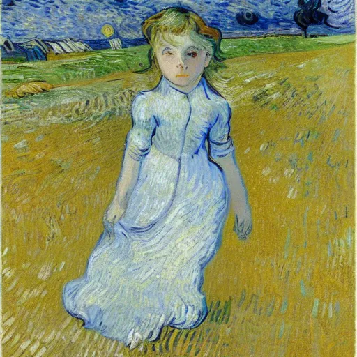 Prompt: an impressionist oil painting of girl with long hair in a white long dress running on the field in a foggy weather by van gogh