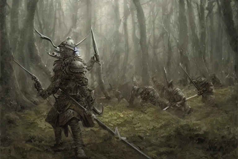 Prompt: sergeant and a phalanx of ashigaru mice, brandishing halberd, inspired by brian froud, in an arctic forest, by greg rutkowski painting