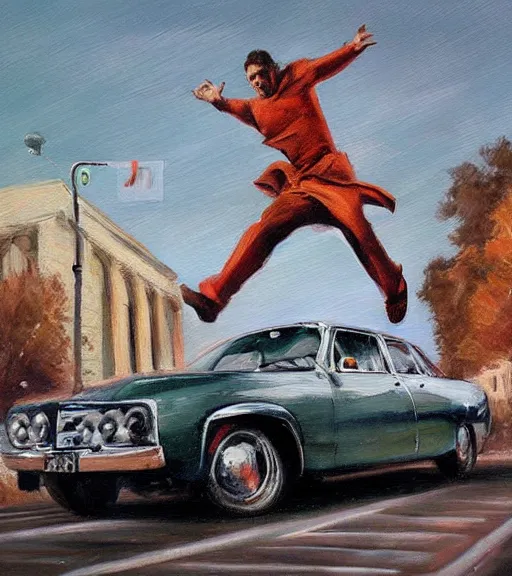 Prompt: high quality high detail painting by alberto mielgo, man jumping over a car, hd