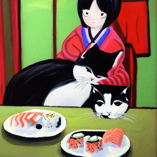 Prompt: Angry girl eats sushi while her jealous cat is watching, painting by 奈良美智