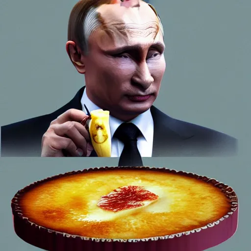 Image similar to vladimir putin endorsing a creme brulee with banana slice on top, digital art