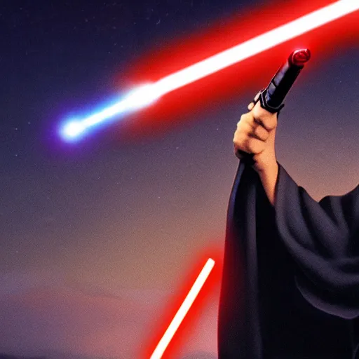 Image similar to jesus christ holding a lightsaber in star wars, 4 k, high resolution, still, landscape, hd, dslr, hyper realistic