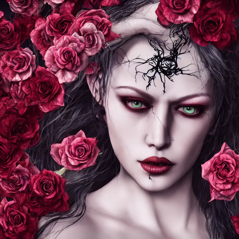 Image similar to single faced portrait of enchanting femenine witch, hyper attractive, seductive, very complex, hyper - maximalist, overdetailed, legendary cinematic, darkfantasy, archetype with timeless beauty breathtaking eyes, highly intricate, realism, roses, perspicious detail, silent hill aesthetic, photorealistic, lifelike, dslr 8 k, unbeatable coherency, octane render