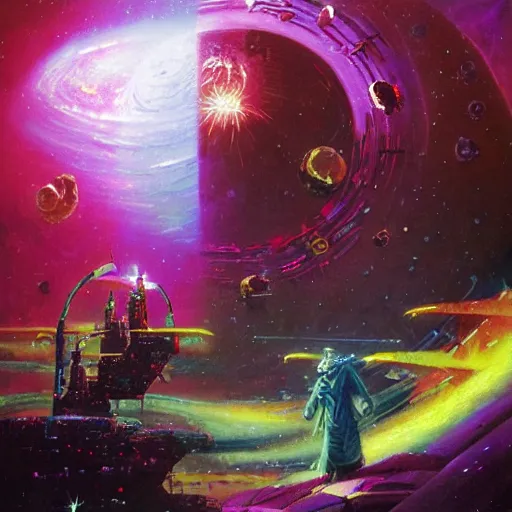 Image similar to epic illustration of Christopher Lloyd as a space wizard by Paul Lehr, detailed, space opera, screen print