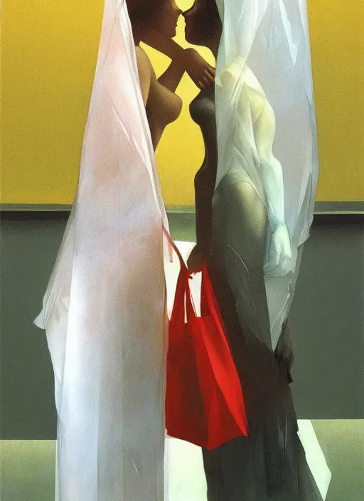 Prompt: two women kissing in a paper bag over the head translucent dress made of plastic bags Edward Hopper and James Gilleard, Zdzislaw Beksinski, highly detailed