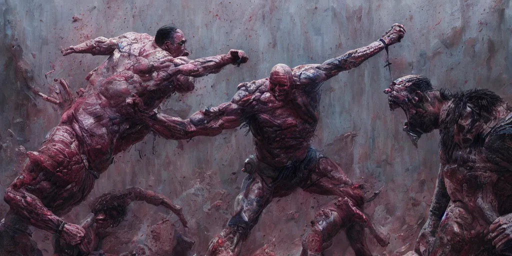 Prompt: Nicolas Cage fight with Dwayne Rock Johnson, dark fantasy, intricate, highly detailed, smooth, artstation, painted by Wayne Barlowe, zdislav beksinski, Francis Bacon