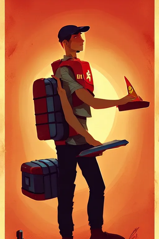 Image similar to greg rutkowski travel poster futuristic pizza delivery boy