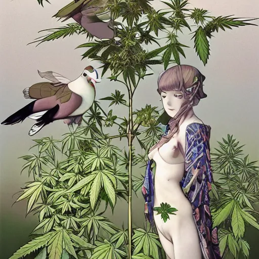 Image similar to two pigeon, cannabis tree, pigeons and trees by Range Murata and Mucha