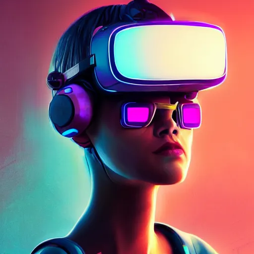 Image similar to cyberpunk concept cool girl cyborg bot, cinema 4 d, galaxy, ufo, space sci - fi, wearing vr goggles, illustration, portrait, pastel neon textured background night, trending on artstation, greg rutkowski, octane rendered, 1 2 k, detailed,