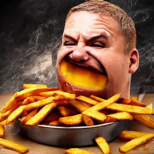 Prompt: angry man spilling arby’s fries, 4k realistic photo