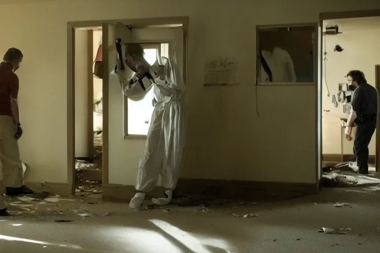Image similar to cinematography of detectives investigating a crime scene in a rundown motel by Emmanuel Lubezki