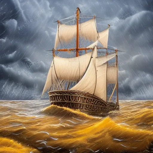 Image similar to grand maori ship fantasy high seas rain wind moody