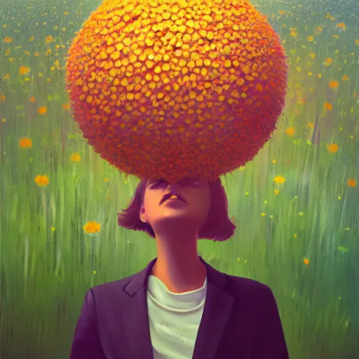 Image similar to giant daisy flower head, frontal, girl in a suit, surreal photography, sunrise, dramatic light, impressionist painting, digital painting, artstation, simon stalenhag