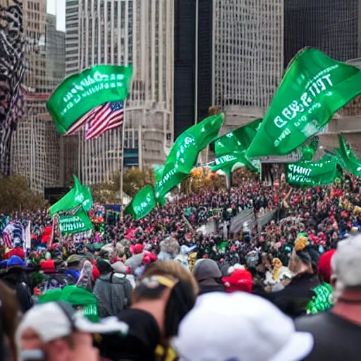 Prompt: emerald city being stormed by trump supporters,