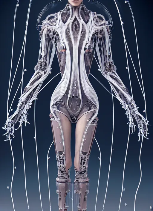 Image similar to desert, catwalk, iris van herpen gothic inflateble dark dress, perfect symmetrical body, helmet on face, full body shot, inflateble shapes, wires, tubes, veins, jellyfish, white biomechanical details, wearing epic bionic cyborg implants, masterpiece, intricate, biopunk, vogue, highly detailed, artstation, concept art, cyberpunk, octane render