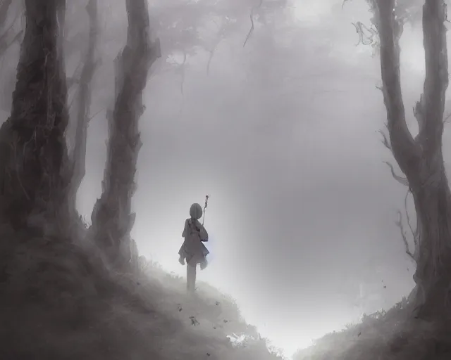 Image similar to a cloaked adventurer in foggy, ghostly woods. Dangerous, foggy, cloudy, mysterious, ominous, threatening, adventurous, ghostly. By Makoto Shinkai, Stanley Artgerm Lau, WLOP, Rossdraws, James Jean, Andrei Riabovitchev, Marc Simonetti, krenz cushart, Sakimichan, trending on ArtStation, digital art.