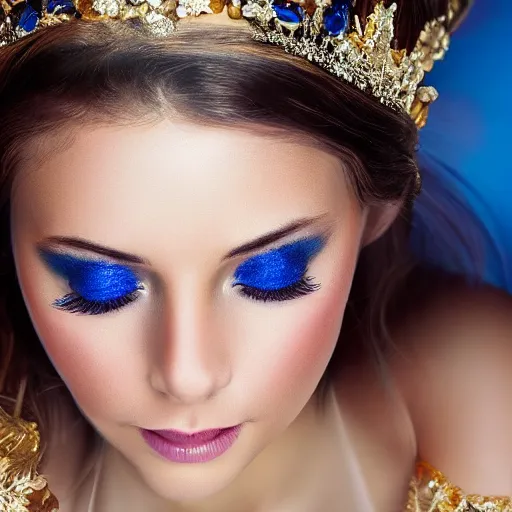 Image similar to a photographic masterpiece portrait of an fantasy beautiful 30 years old princess, with emotional open eyes, with a deep blue sapphire and gold small diadem, seductive eyes, warmer and softer colours, more tan face, lighter brown hair, cinematic light, bokeh, by Danny Battista, canon 50mm, high aperture, artstation