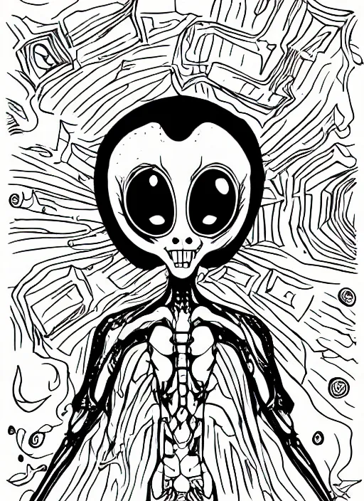 Prompt: a creepy alien, spooky halloween theme, illustration line art style