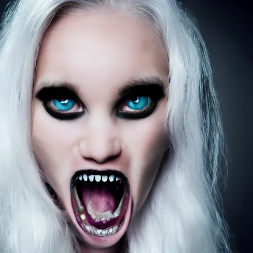 Image similar to Young woman, white hair, black eyes, sharp teeth, pointy ears, pale skin