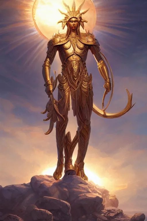 Image similar to apollo humanoid god of the sun, highly detailed, d & d, fantasy, highly detailed, digital painting, trending on artstation, concept art, sharp focus, illustration, art by artgerm and greg rutkowski and magali villeneuve