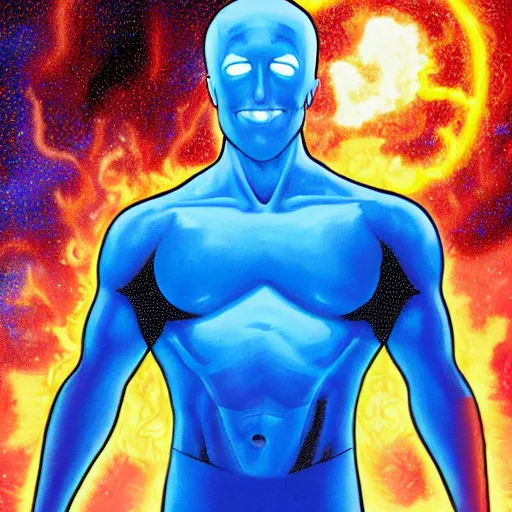 Prompt: a highly detailed digital painting of elon musk as dr. manhattan from watchmen, comic book cover by mark bagley