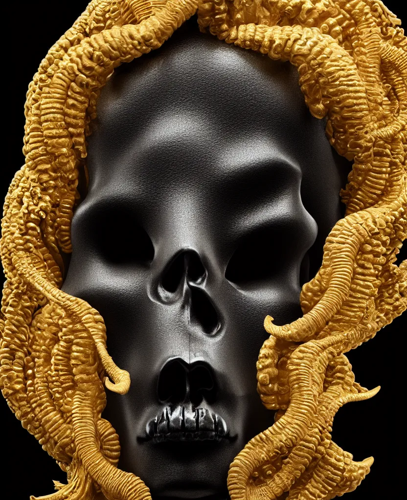 Image similar to black background. goddess princess face close-up portrait ram skull. sculpture made of gold and black charcoal. jellyfish phoenix head, nautilus, orchid, skull, betta fish, bioluminiscent creatures, intricate artwork by Tooth Wu and wlop and beeple. octane render, trending on artstation, greg rutkowski very coherent symmetrical artwork. cinematic, hyper realism, high detail, octane render, 8k