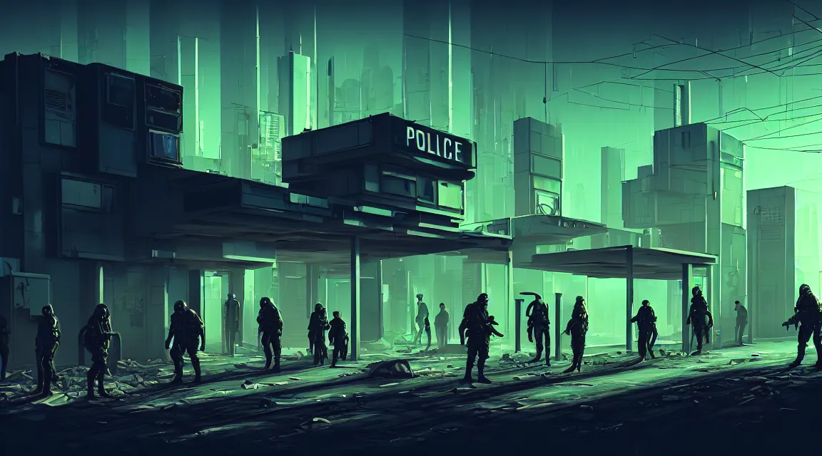 Image similar to post - apocalyptic police station, building, paved roads, sci - fi art, highly detailed photography, trending on artstation, hyperrealistic, human silhouettes, cyberpunk, environment artist, dystopian, science fiction, synthwave neon retro, concrete, vivid colors