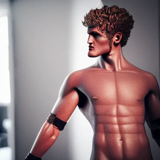 Image similar to a realistic detailed photo of a guy who is an attractive humanoid who is half robot and half humanoid, who is a male android, boxer logan paul, shiny skin, posing like a statue, blank stare, in a living room, on display, showing off his muscles